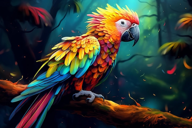 brightly colored parrot sitting on a branch in a forest Ai photo