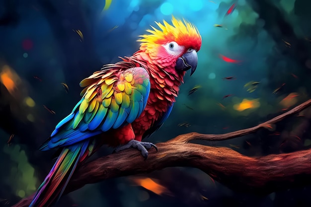 brightly colored parrot sitting on a branch in a forest Ai photo