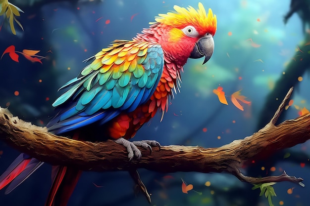 brightly colored parrot sitting on a branch in a forest Ai photo