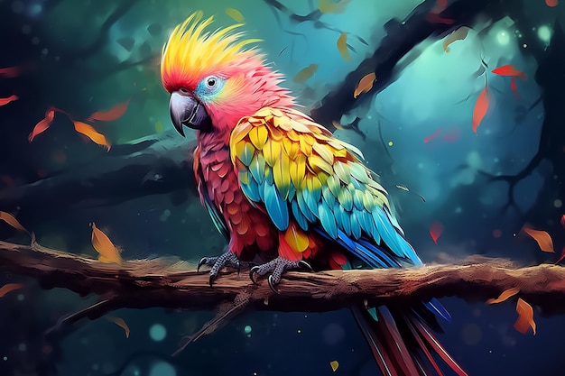 brightly colored parrot sitting on a branch in a forest Ai photo