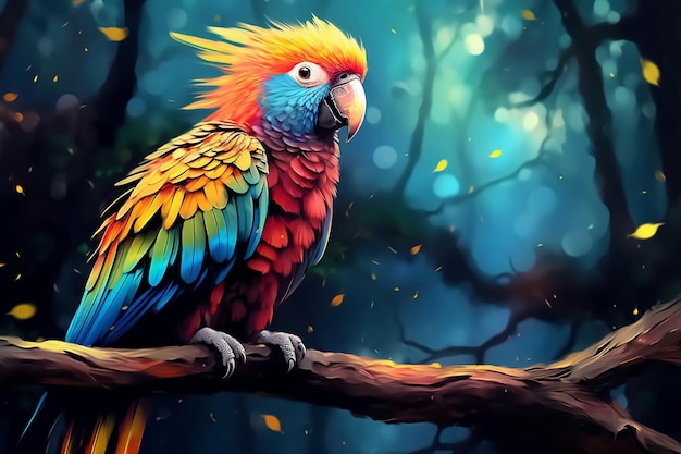 brightly colored parrot sitting on a branch in a forest Ai photo