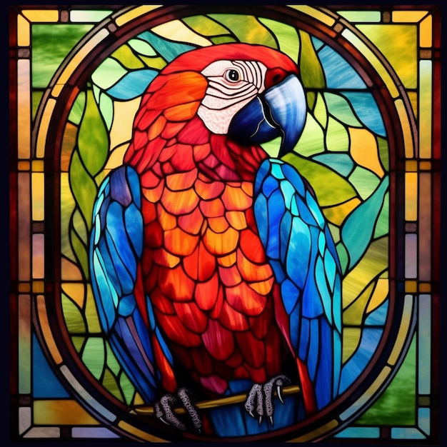 a brightly colored parrot sitting on a branch in a stained glass window generative ai