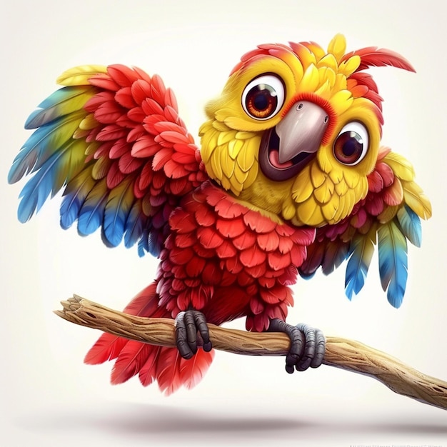 brightly colored parrot sitting on a branch with its wings spread generative ai