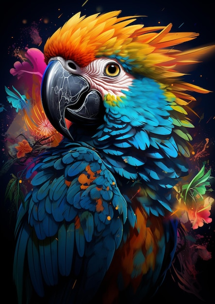 Brightly colored parrot with feathers on a dark background with flowers generative ai