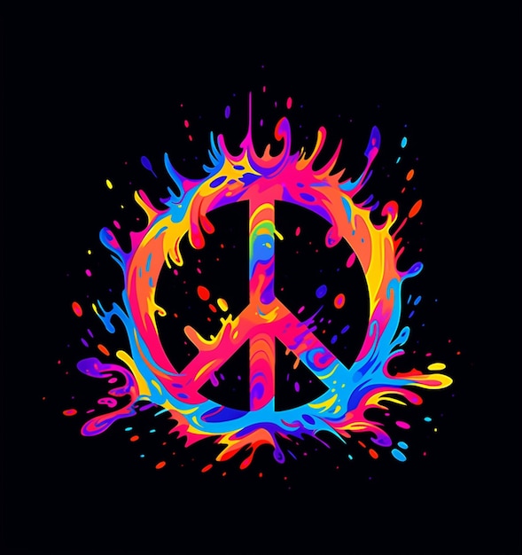 a brightly colored peace sign with splashes of paint on a black background generative ai