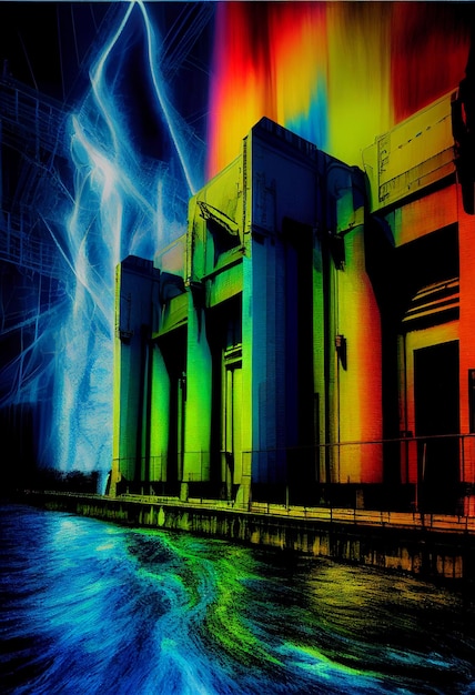 Brightly colored photograph of a building with rainbow lightening generative ai