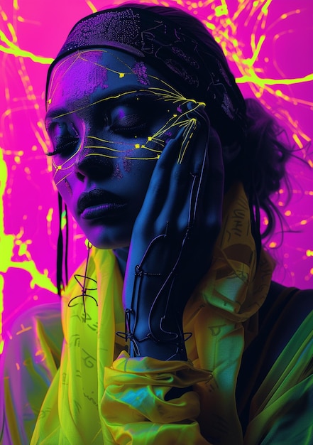 brightly colored photograph of a woman with a headband and a neon face paint generative ai