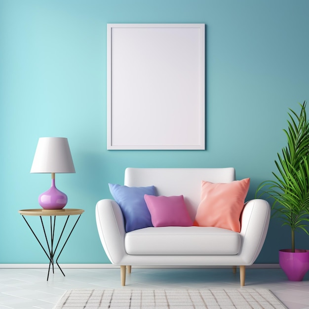 a brightly colored pillows and a lamp are on a white couch generative ai