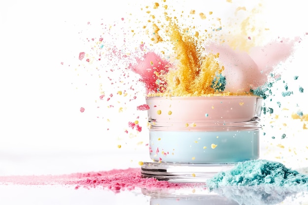 Brightly colored powders burst from a clear jar creating a striking visual effect against a white backdrop The energetic splashes of color suggest creativity and dynamic movement