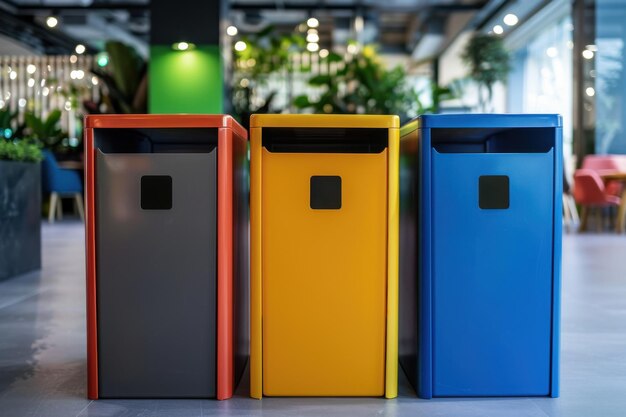 Photo brightly colored recycling bins arranged neatly in a modern ecofriendly space