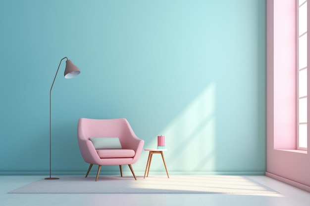 A brightly colored room with a pink chair and a pink lamp generative ai