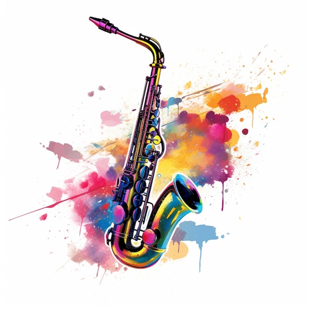 A brightly colored saxophone with a splattered background generative ai