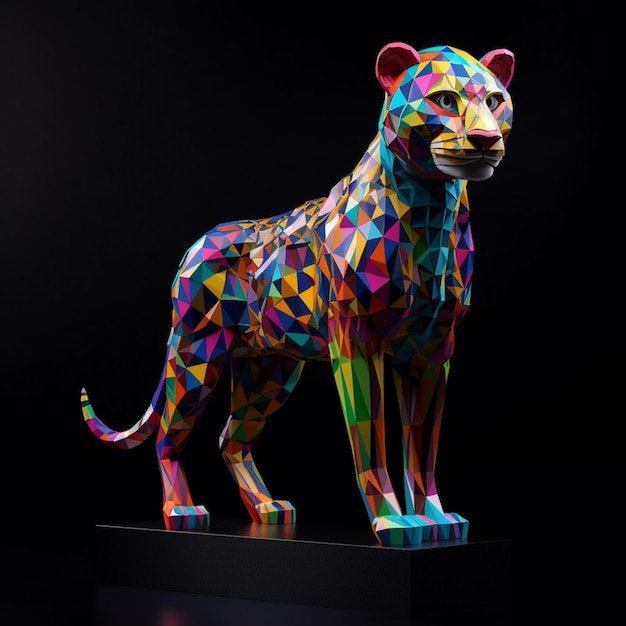 brightly colored sculpture of a cheetah standing on a black surface generative ai