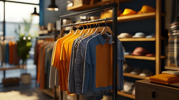 Brightly colored shirts displayed on a rack in a trendy retail store during daylight hours with