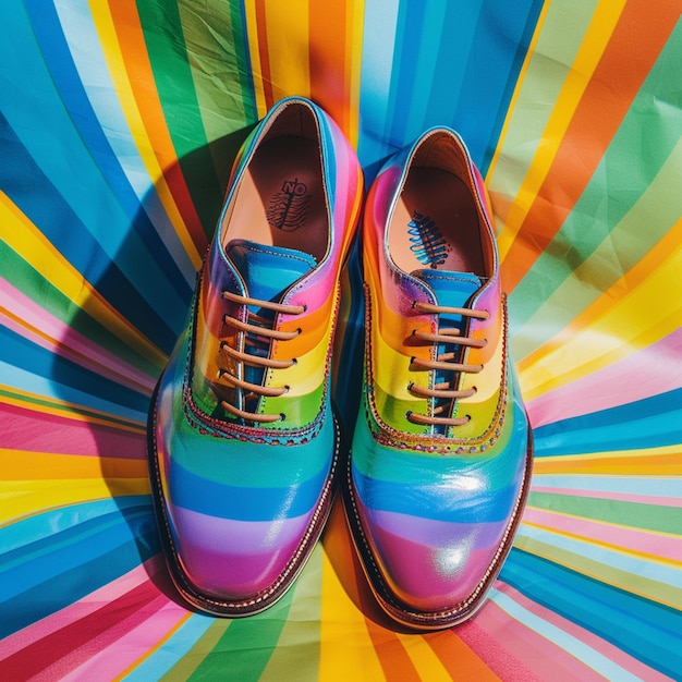 Photo brightly colored shoes on a colorful background with a rainbow stripe generative ai