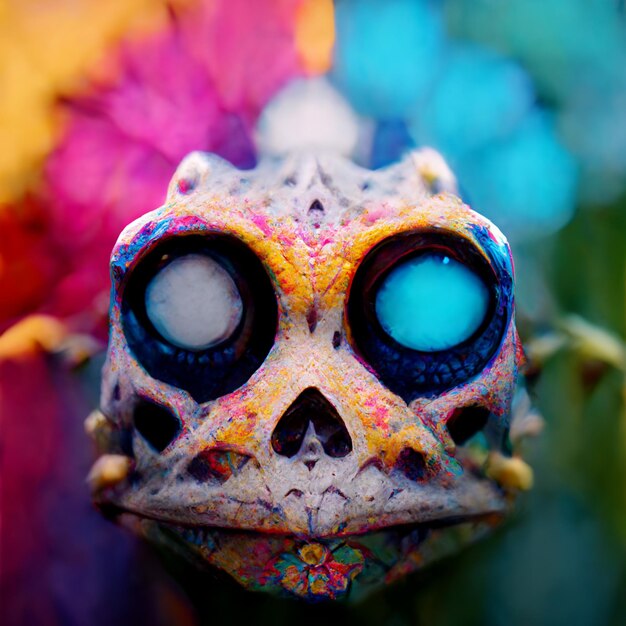 Brightly colored skull with blue eyes and a flowery background generative ai