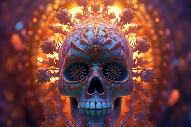 Brightly colored skull with intricate design in front of a background of lights generative ai