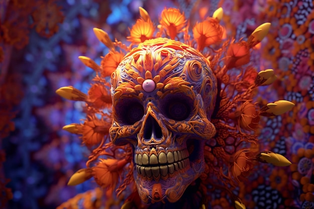 Brightly colored skull with orange and blue flowers on it generative ai