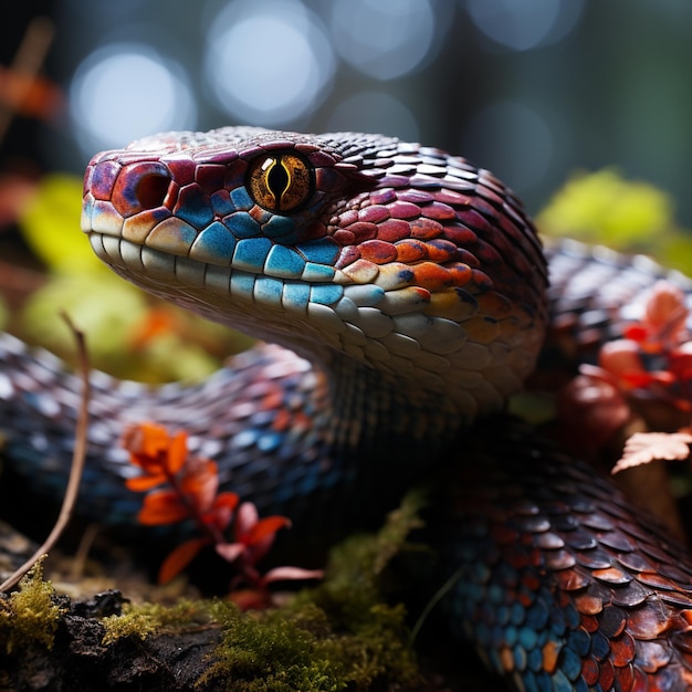 brightly colored snake with a black eye and a red nose generative ai