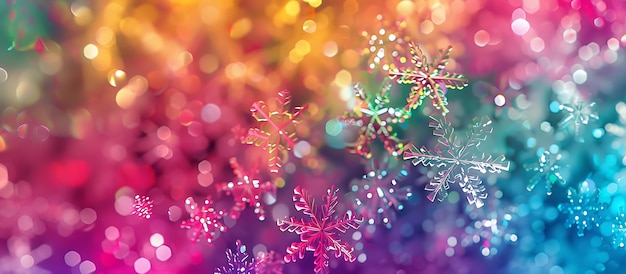 Photo brightly colored snowflakes are scattered on a colorful background