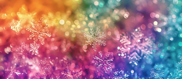 Photo brightly colored snowflakes are scattered on a multicolored background