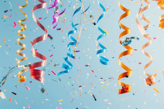 Brightly colored streamers and confetti are suspended midair against a blue background evoking a festive celebration