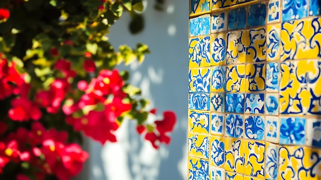 Photo brightly colored tiles on a wall with red flowers in the foreground