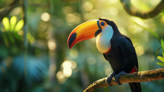 A brightly colored toucan perches on a branch in the rainforest The toucan has a large orange beak and a black body with a white throat