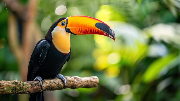 A brightly colored toucan perches on a branch in the rainforest The toucan has a large orange beak and blue eyes