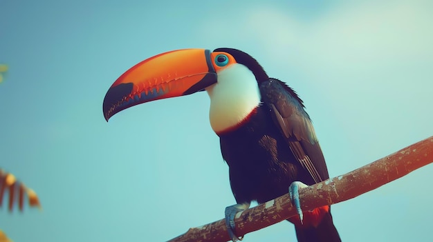 A brightly colored toucan perches on a branch The toucan has a large orange beak and a blue throat Its feathers are black white and yellow