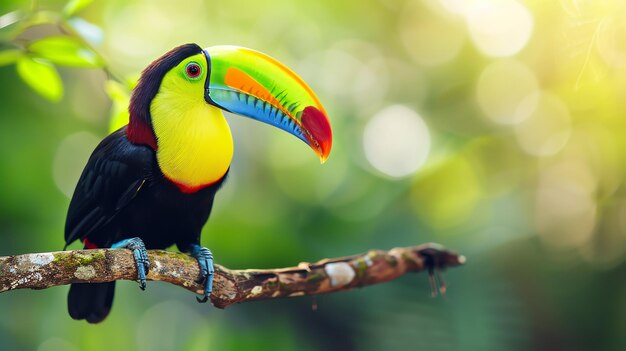 A brightly colored toucan sits on a branch in the rainforest The toucan has a large colorful beak and bright green yellow and blue feathers