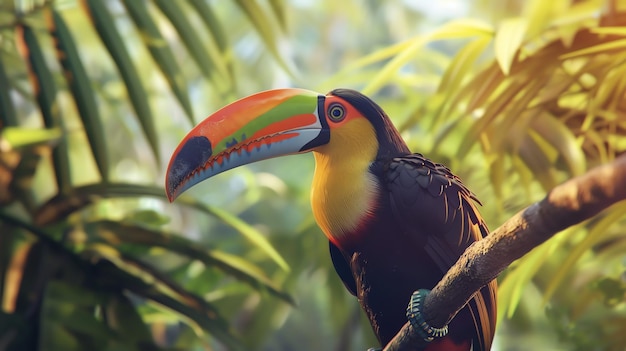 A brightly colored toucan sits on a branch in the rainforest The toucan has a large colorful beak and a bright yellow throat