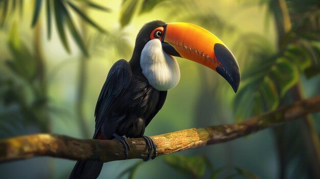 A brightly colored toucan sits on a branch in the rainforest The toucan has a large orange beak and a black body with a white throat