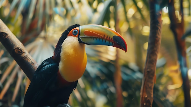 A brightly colored toucan sits on a branch in the rainforest The toucan has a large yellow beak and a blue eye The bird is looking at the camera