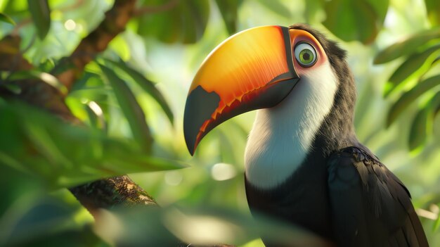 A brightly colored toucan sits on a branch in the rainforest The toucan is looking at the camera with its large black eyes