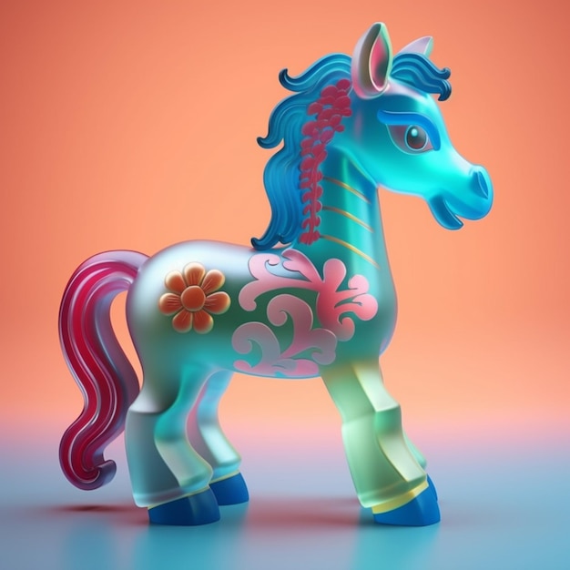 Brightly colored toy horse with a pink mane and a blue tail generative ai