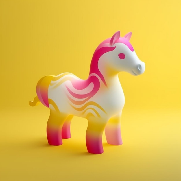 Brightly colored toy horse on yellow background with copy space for text generative ai