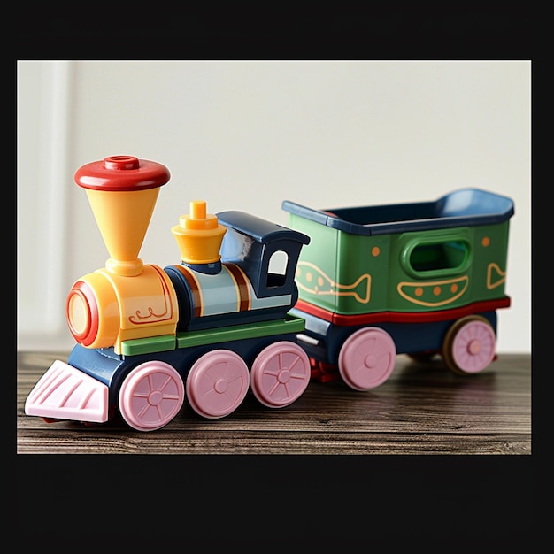 brightly colored toy train on wooden table with white wall in background generative ai