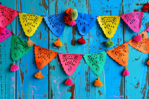 Brightly colored traditional Mexican papel picado streamers against a rustic painted wall