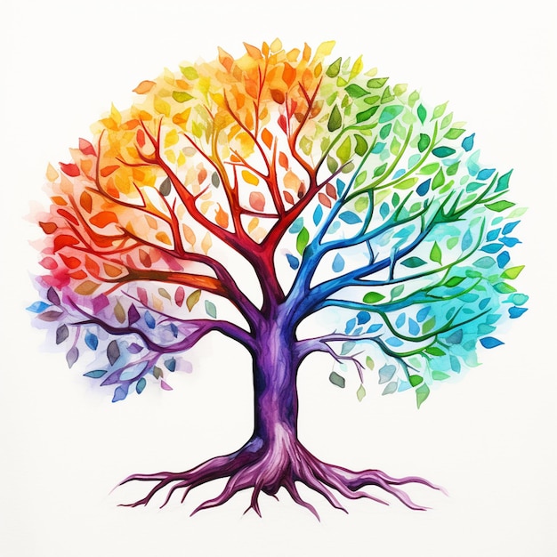 a brightly colored tree with leaves and branches in the shape of a rainbow generative ai