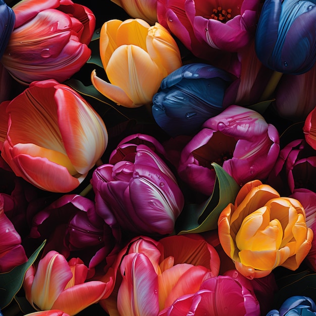 Brightly colored tulips are arranged in a large group generative ai