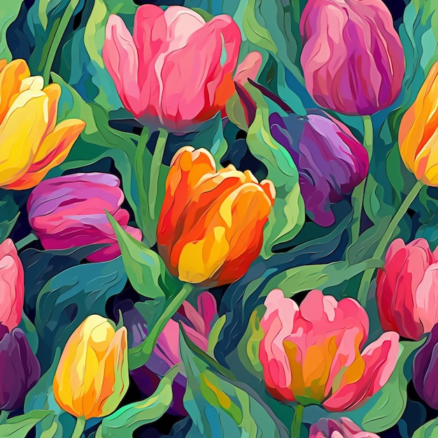 Brightly colored tulips are in a field of green leaves generative ai