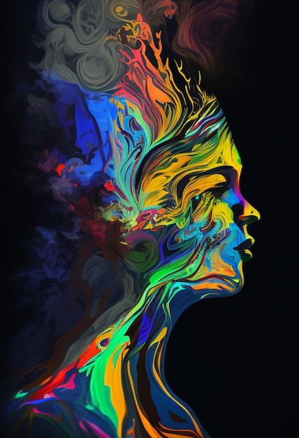 Brightly colored woman with flowing hair and a black background generative ai