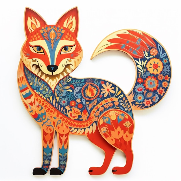 Brightly colored wooden fox with floral design on body and tail generative ai