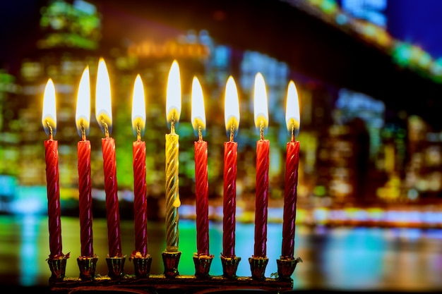 Brightly Glowing Hanukkah Menorah - Shallow Depth of Field