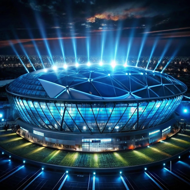 brightly illuminated futuristic stadium with wet field and dramatic lighting