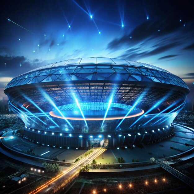 brightly illuminated futuristic stadium with wet field and dramatic lighting