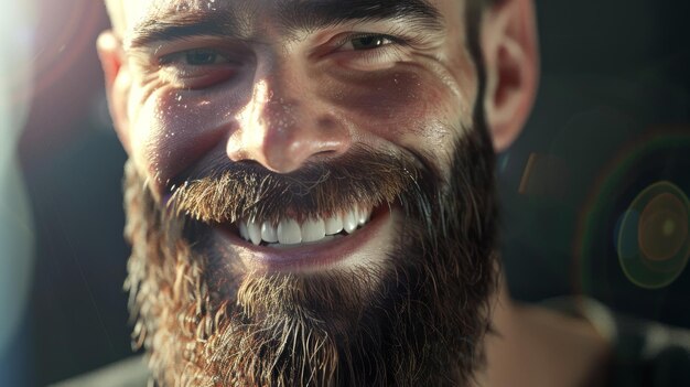 A brightly lit bearded man smiling warmly radiating joy and friendliness with sunlight softly filtering in the background casting a pleasant glow