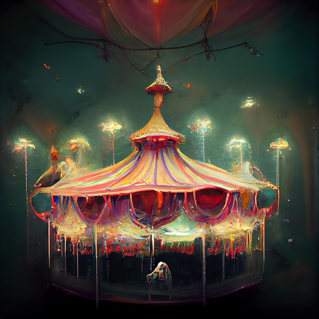 brightly lit carousel with a bird sitting on the top generative ai