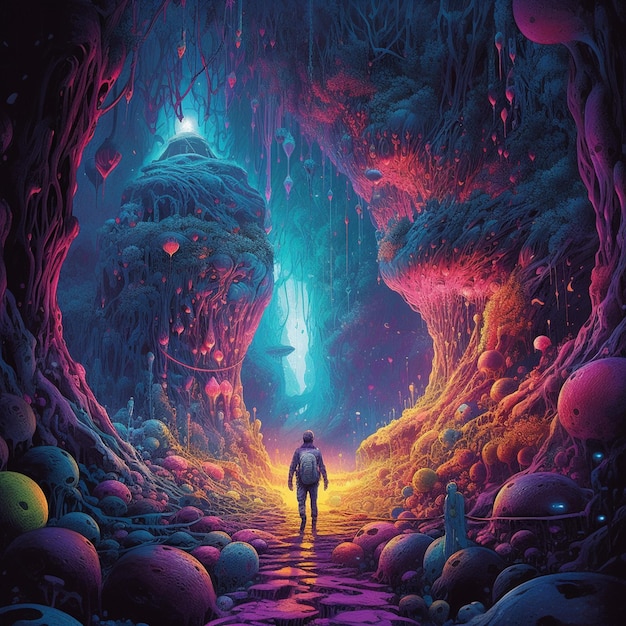 a brightly lit cave with a man standing in the middle generative ai